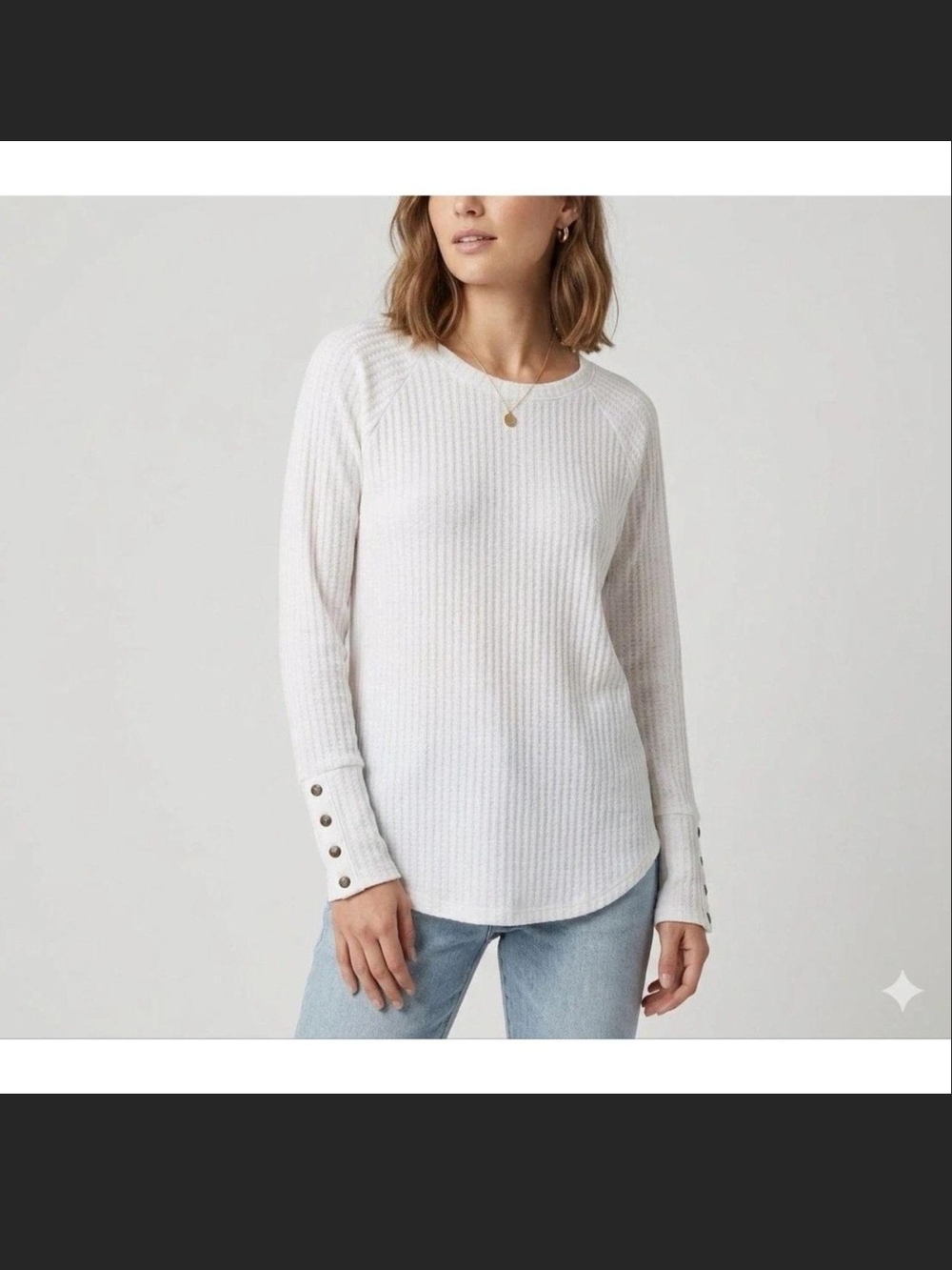 Chaser Cream Waffle Knit Long Sleeve Tunic Top Medium Button Cuff